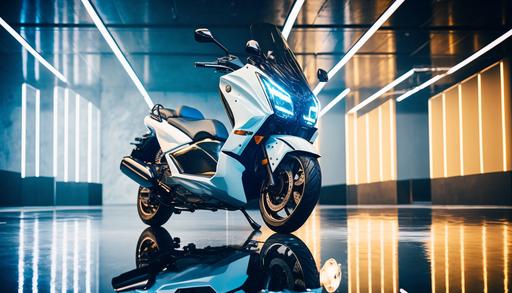 8k luxury editorial style photo, clean realistic studio setting, high ceiling, abstract background, parked black ultra detailed Yamaha scooter, neon lighting, slightly wet floor, hi-tech, photorealistic, futuristic, innovative, cinematic shot, depth of field, professional color grading, low saturation, center the camera on the scooter, leave plenty of space above the scooter --ar 16:9 --no cartoon, 3d, unreal engine, rendering, octane, people, over saturated, high contrast, heavy shadows, very dark, cropped scooter, text