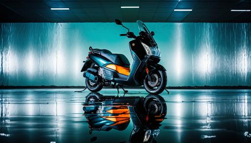 8k luxury editorial style photo, clean realistic studio setting, high ceiling, abstract minimal background, parked black ultra detailed Yamaha scooter, neon lighting, slightly wet floor, hi-tech, photorealistic, futuristic, innovative, cinematic shot, depth of field, professional color grading, low saturation, center the camera on the scooter at mid level, leave plenty of space above the scooter --ar 16:9 --no cartoon, 3d, unreal engine, rendering, octane, people, over saturated, high contrast, heavy shadows, very dark, cropped scooter, text