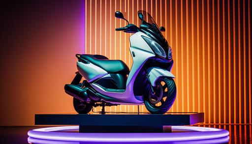 8k luxury editorial style photo, clean realistic studio setting with rounded corners, high ceiling, abstract background, parked black ultra detailed Yamaha scooter on a circular podium, neon lighting, slightly wet floor, hi-tech, photorealistic, futuristic, innovative, cinematic shot, depth of field, professional color grading, low saturation, center the camera on the scooter, leave plenty of space above the scooter --ar 16:9 --no cartoon, 3d, unreal engine, rendering, octane, people, over saturated, high contrast, heavy shadows, very dark, cropped scooter, text