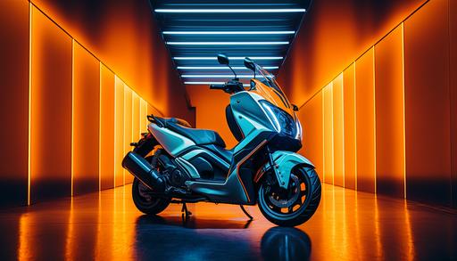 8k luxury editorial style photo, clean realistic studio setting, high ceiling, abstract minimal background, parked black ultra detailed Yamaha scooter, neon lighting, slightly wet floor, hi-tech, photorealistic, futuristic, innovative, cinematic shot, depth of field, professional color grading, low saturation, center the camera on the scooter at mid level, leave plenty of space above the scooter --ar 16:9 --no cartoon, 3d, unreal engine, rendering, octane, people, over saturated, high contrast, heavy shadows, very dark, cropped scooter, text