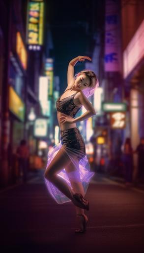 8k photo of a beautiful young woman dancing in the streets of Tokyo at night. She is wearing a lacy tank top and spiked heels. she is lit by the refraction of neon lights. --ar 4:7 --v 5