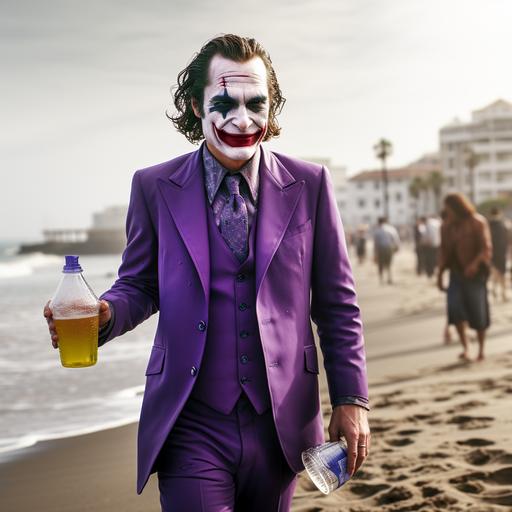 8k. hyperrealistic. Joaquin Phoenix as DC's Joker, smiling, dressed in his purple suite, walking across the beach of Copacabana in Rio de Janeiro. He is relaxed and happy. Joker is holding a glass of water with cubes of ice and slices of lime.