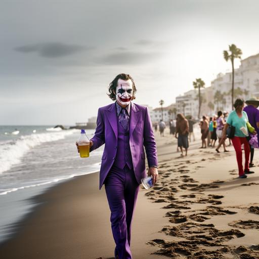8k. hyperrealistic. Joaquin Phoenix as DC's Joker, smiling, dressed in his purple suite, walking across the beach of Copacabana in Rio de Janeiro. He is relaxed and happy. Joker is holding a glass of water with cubes of ice and slices of lime.