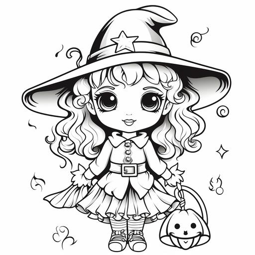 generate coloring page images little witch cartoon characters, halloween, minimal details, black and white, for kids
