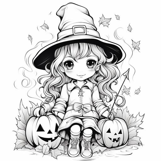 generate coloring page images little witch cartoon characters, halloween, minimal details, black and white, for kids