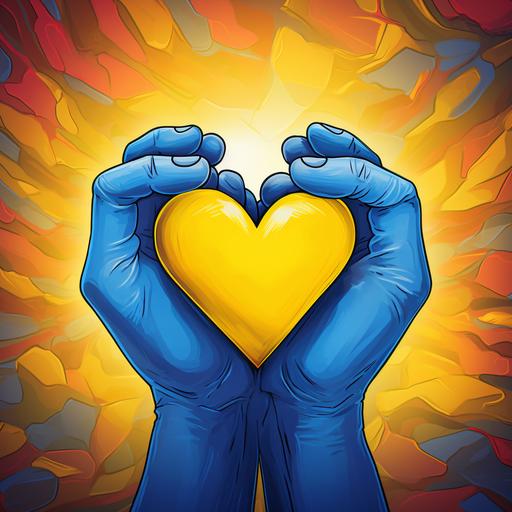 A hand-drawn badge with hands holding a heart in the colors of the Ukrainian flag. --v 5.2