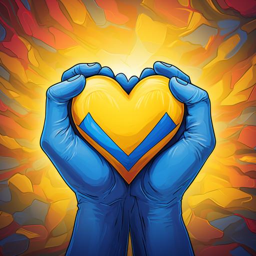 A hand-drawn badge with hands holding a heart in the colors of the Ukrainian flag. --v 5.2