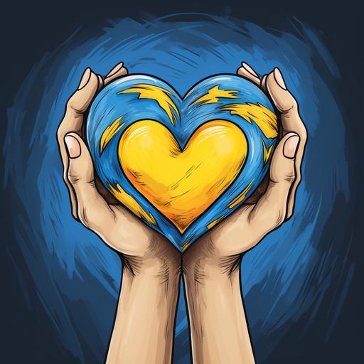A hand-drawn badge with hands holding a heart in the colors of the Ukrainian flag.