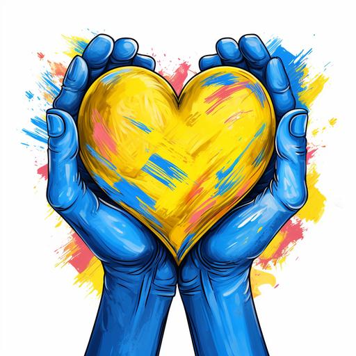 A hand-drawn badge with hands holding a heart in the colors of the Ukrainian flag.