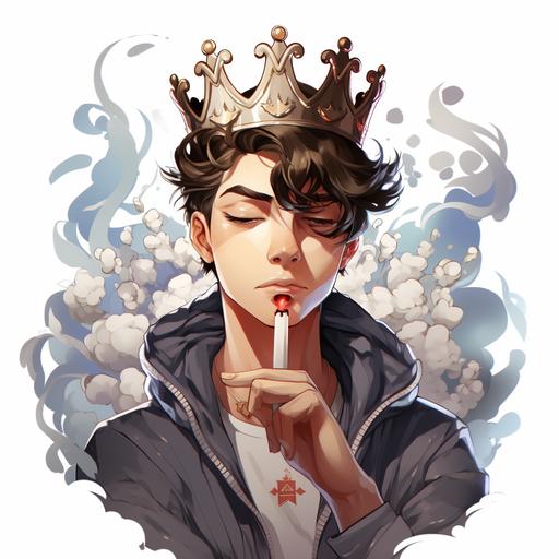 a cartoon anime, wearing a crown, smoking a vape logo, transparent background