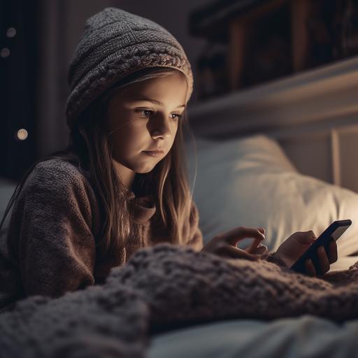 9 year old girl chilling in her bed on her phone --v 5 --s 250