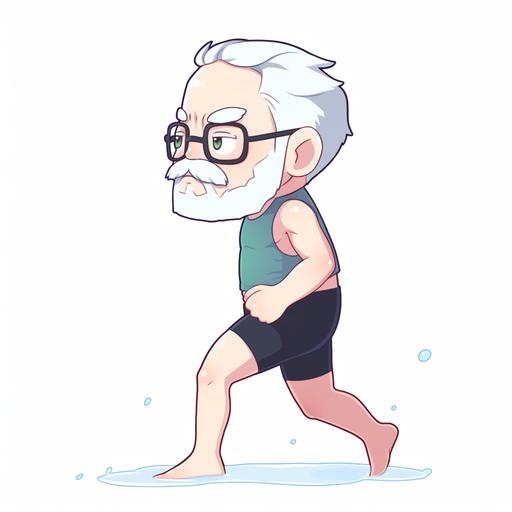90 years old really skinny grandpa with glasses, shaved white hair and mustache smirking at the viewer. His body looks like he must be shaking all the time, since he is so powerless. He is running towards the viewer and is wearing swimming trunks. In chibi style, full body --niji 5