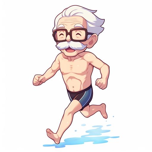 90 years old really skinny grandpa with glasses, shaved white hair and mustache smirking at the viewer. His body looks like he must be shaking all the time, since he is so powerless. He is running towards the viewer and is wearing swimming trunks. In chibi style, full body --niji 5