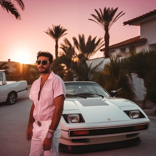 ibiza men in white shirt in foreground looking cool in front of his mansion with his pink ferrari 228 gto, 1980 miami, golden sunet, palm trees, hyper realistic, 16k, sony a9 50mm F1.2, high speed sync flash photograhpy, --v 5.2 --style raw --s 50