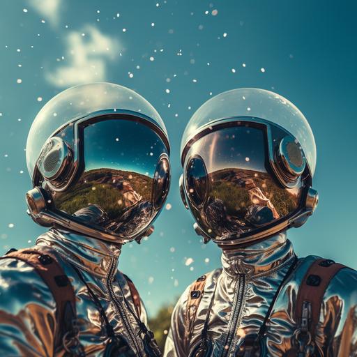 Cosmic Exploration Club, two astronauts lost in the galaxy, spacesuit headgear reflecting off the earth, blue universe, white earth, bubbles, collage, air yamasaki style, close-up, logo, poster, business