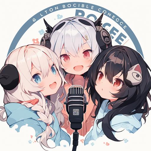Three Asian Girls Doing a Podcast, Big Eyes, Long Hair, Blue hair, black hair, white hair, Route 7, Bridges, Microphones, circle logo, Posters, Business --niji 5