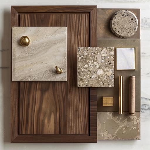 interior design mood board that contains only one walnut cabinet door, one piece of gold cabinetry hardware, one sample of granite countertop, one sample of gold tile, and nothing else. (--AR 16:9)