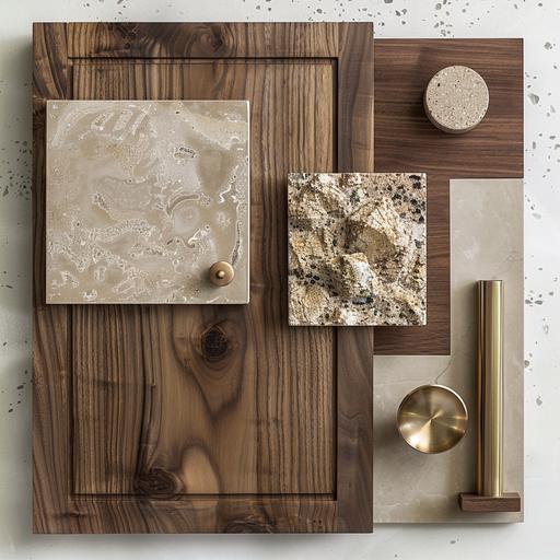 interior design mood board that contains only one walnut cabinet door, one piece of gold cabinetry hardware, one sample of granite countertop, one sample of gold tile, and nothing else. (--AR 16:9)