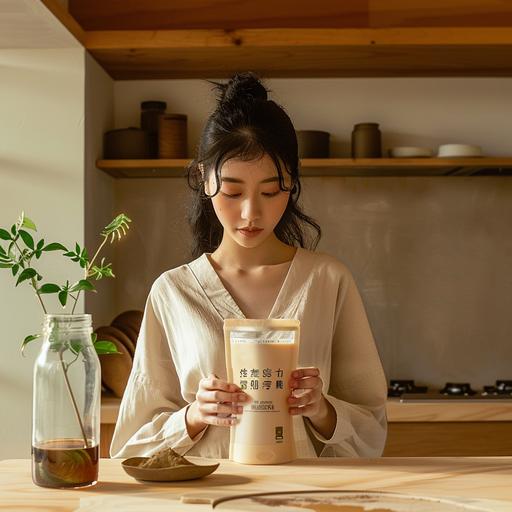 a real image of a young asia girl, holding the product in this image, in a serene and minimalist Japanese kitchen, with a hojicha latte in a glass bottle on the table --v 6.0
