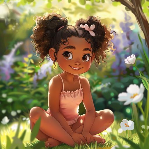 Cartoon character mixed brown girl named Kalani full body outside in garden --v 6.0