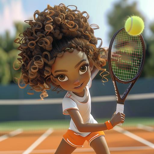 cartoon character mixed brown girl with curly hair playing tennis on a tennis court hitting a backhand --v 6.0