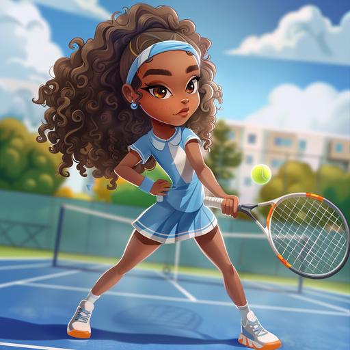 cartoon character mixed brown girl with curly hair playing tennis on a tennis court hitting a backhand