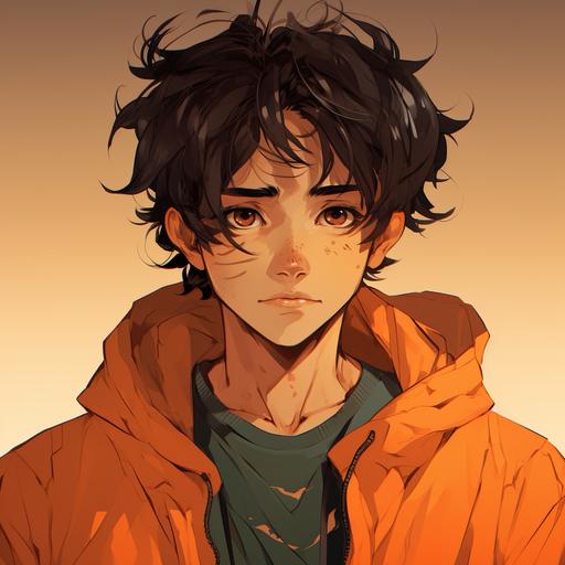 90s anime style 17 year old male, tan skin, black scruffy hair, green eyes, rebellious gaze, baggy clothes with an orange tshirt