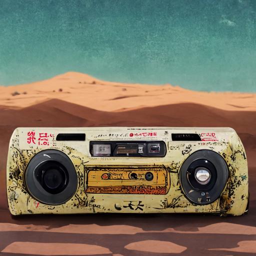 90s boombox cassette tape player in desert, Japanese anime, anime style, animated, realistic, studio ghibli style, manga, anime, super detailed, high details,