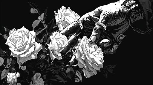 90s hip hop poster, inked manga panel style, cut out inspired by David Carson style, gangster tattooed hands with rings holding a bouquet of roses close-up, black and white color --ar 16:9 --stylize 250 --v 6.0