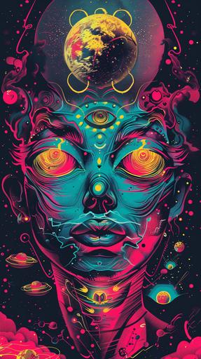 90's style, a trippy psychedelic ibiza hippy poster. Techno Love. --ar 9:16 --v 6.0