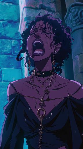 90s vintage castlevania old anime style zoe saldana vampire queen smiling crying dark aesthetic gate --ar 9:16 --v 6.0