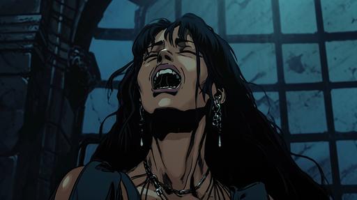 90s vintage castlevania old anime style zoe saldana vampire queen smiling crying dark aesthetic gate --ar 16:9 --v 6.0