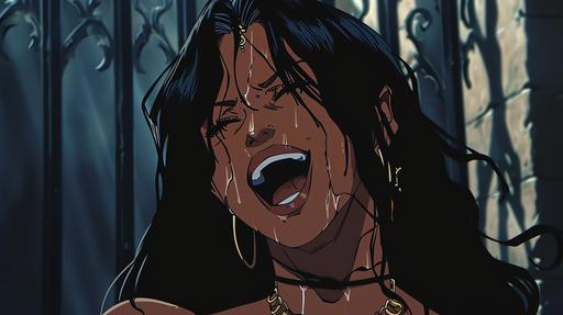 90s vintage castlevania old anime style zoe saldana vampire queen smiling crying dark aesthetic gate --ar 16:9 --v 6.0