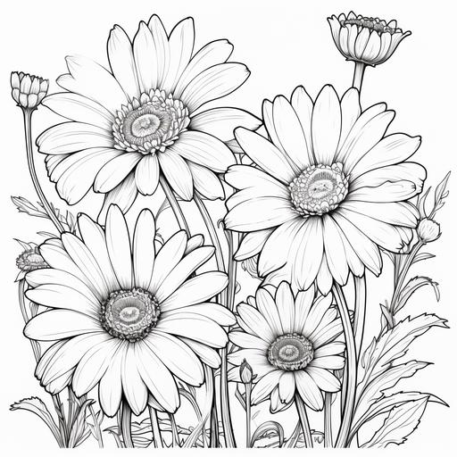 Daisy field with blooms, Coloring book page, lovely floral background, isolated object, thick bold black lines, fit on the page, vibrant flowers, delicate petals and thorns, strong stems, --no fill,