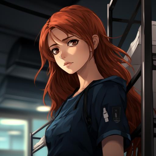 Beautiful woman, Psych Ward, red hair, black scrubs, padded walls, Anime