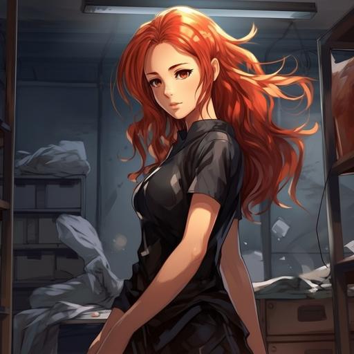 Beautiful woman, Psych Ward, red hair, black scrubs, padded walls, Anime