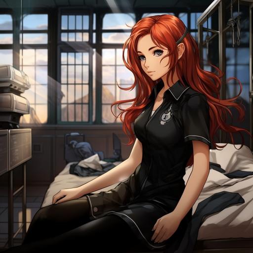 Beautiful woman, Psych Ward, red hair, black scrubs, padded walls, Anime