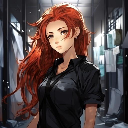 Beautiful woman, Psych Ward, red hair, black scrubs, padded walls, Anime