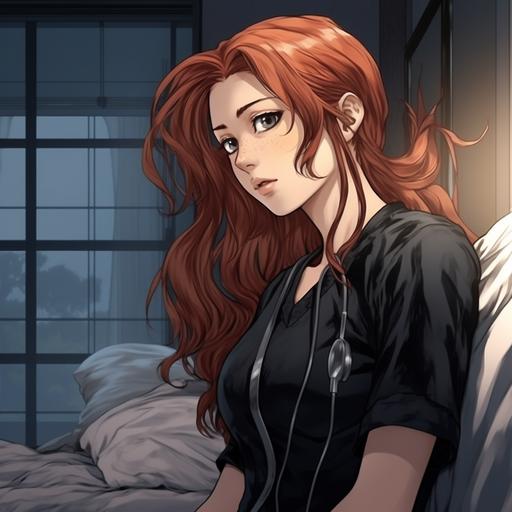 Beautiful woman, Psych Ward, red hair, black scrubs, padded walls, Anime