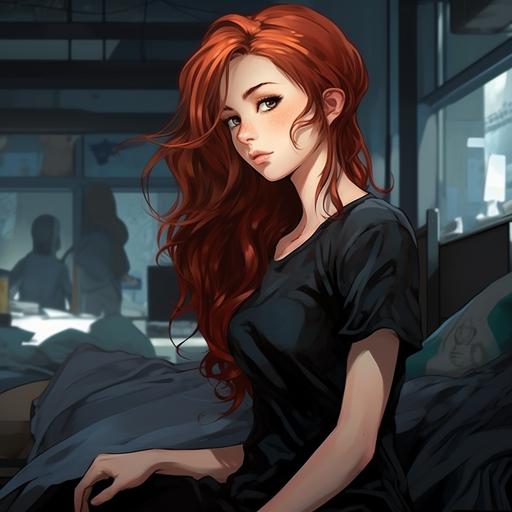 Beautiful woman, Psych Ward, red hair, black scrubs, padded walls, Anime