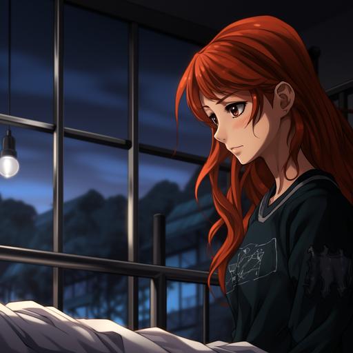 Beautiful woman, Psych Ward, red hair, black scrubs, padded walls, Anime