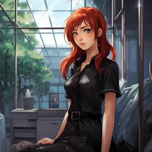 Beautiful woman, Psych Ward, red hair, black scrubs, padded walls, Anime