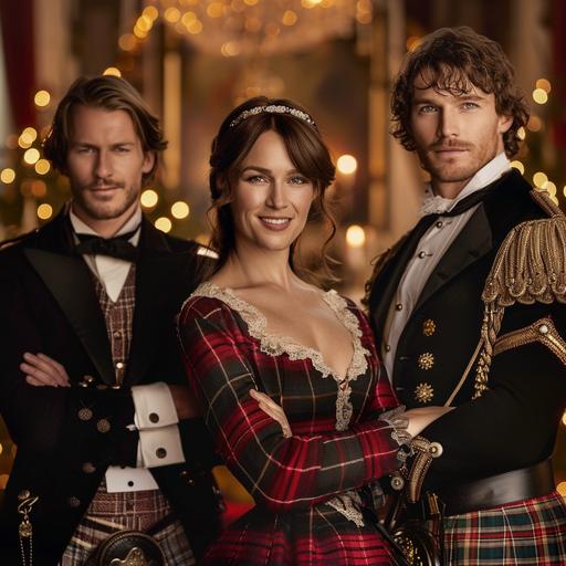 A Hallmark style Christmas movie poster with a woman smirking in a tartan wedding dress in the centre with her arms crossed between two men. The man on the left of the frame is a handsome brunette man dressed in a tuxedo with short hair dark hair. The man on the right of the frame is Sam Heughan wearing a kilt.