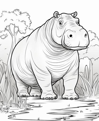 coloring page for kids, Hippo, cartoon style, thick line, low detail, co shading --ar 9:11