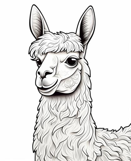 coloring page for kids, Llama, cartoon style, thick line, low detail, co shading --ar 9:11