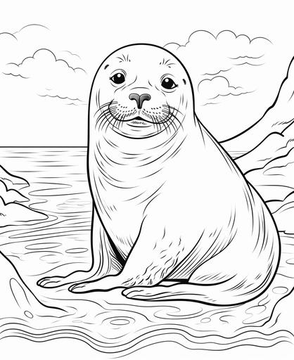 coloring page for kids, Seal cartoon style, thick line, low detail, co shading --ar 9:11