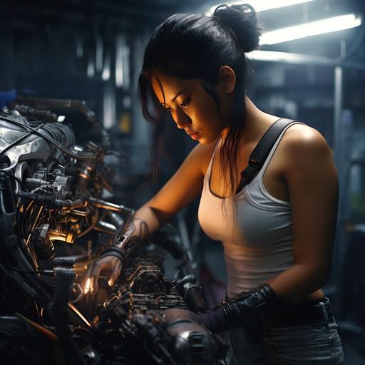 9:16 ratio, HD, 4K, absolute reality, full body, cyberpunk style, pretty 30 years old fit cyborg Filipina lady, big chest, she is sweaty wearing a low neckline shirt and shorts, fixing some kind of a machine, on a bright military garage