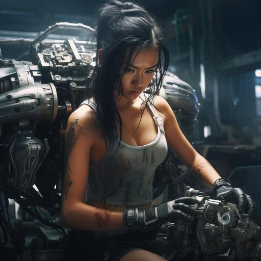 9:16 ratio, HD, 4K, absolute reality, full body, cyberpunk style, pretty 30 years old fit cyborg Filipina lady, big chest, she is sweaty wearing a low neckline shirt and shorts, fixing some kind of a machine, on a bright military garage