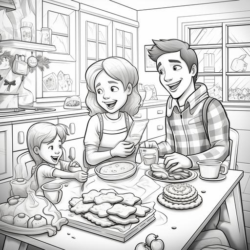 coloring page for kids, Christmas time, kids making gingerbread houses in the kitchen with their parents, cartoon style, thick lines, low detail, no shading--ar 9:11
