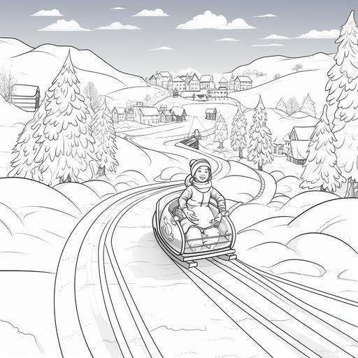 coloring page for kids, christmas activities, sledding down a snowy hill, cartoon style, thick lines, low detail, no shading--ar 9:11